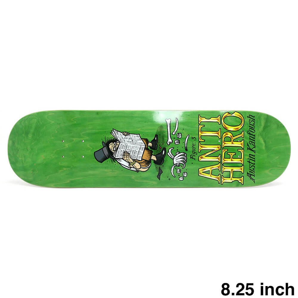 【ANTIHERO / DECK】 スケボー・スケートボードの老舗デッキブランド、ANTIHERO（アンチヒーロー）。 長さ：81.3cm　/　幅：21.0cm ノーズ：18.6cm　/　テール：17.3cm ウィールベース：35.7cm コンケーブ：中　/　キック：中 ※ステインカラー（木目）の色合いはそれぞれ異なります。ご了承の上、ご注文下さい。 デッキをご購入の際、当店オリジナルのデッキテープがサービスとなります。 その他のデッキテープをご希望の方は、別途ご注文下さい。 *デッキテープを貼ってご注文の場合、返品/交換/キャンセルの対象外となります。 （コンプリートセットをご希望の方） スケートボードを完成させる為には【デッキ、トラック、ウィール】の3点が必要となります。 気軽にスケートボードを始めて頂く為に、足回りのセットをご用意しております。 こちらも是非ご覧になって下さい。 【トラック＆ウィールセット】はこちら *商品によって多少の誤差がある事をご了承下さい。 *当店舗に掲載の写真・文章の無断転載を禁じます。