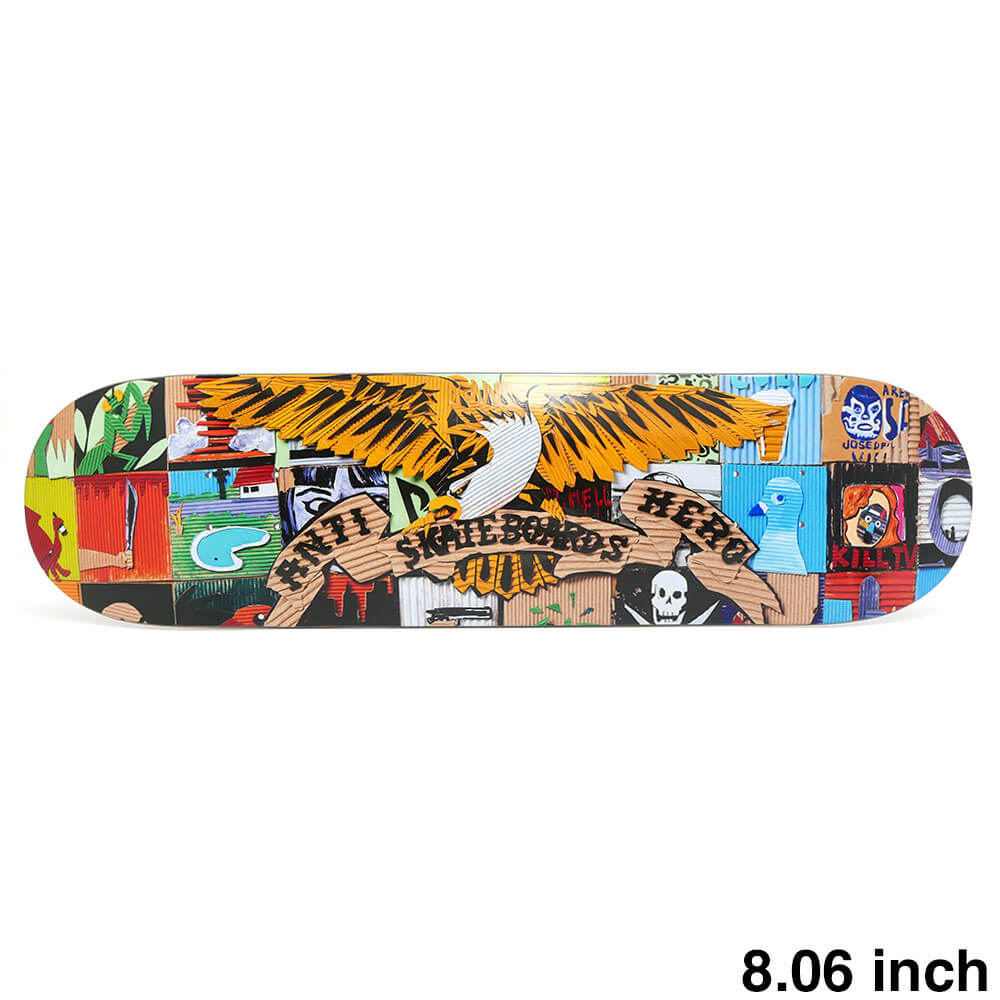 【ANTIHERO / DECK】 スケボー・スケートボードの老舗デッキブランド、ANTIHERO（アンチヒーロー）。 長さ：81.0cm　/　幅：20.5cm ノーズ：18.0cm　/　テール：17.2cm ウィールベース：35.9cm コンケーブ：中　/　キック：中 ※ステインカラー（木目）の色合いはそれぞれ異なります。ご了承の上、ご注文下さい。 デッキをご購入の際、当店オリジナルのデッキテープがサービスとなります。 その他のデッキテープをご希望の方は、別途ご注文下さい。 *デッキテープを貼ってご注文の場合、返品/交換/キャンセルの対象外となります。 （コンプリートセットをご希望の方） スケートボードを完成させる為には【デッキ、トラック、ウィール】の3点が必要となります。 気軽にスケートボードを始めて頂く為に、足回りのセットをご用意しております。 こちらも是非ご覧になって下さい。 【トラック＆ウィールセット】はこちら *商品によって多少の誤差がある事をご了承下さい。 *当店舗に掲載の写真・文章の無断転載を禁じます。