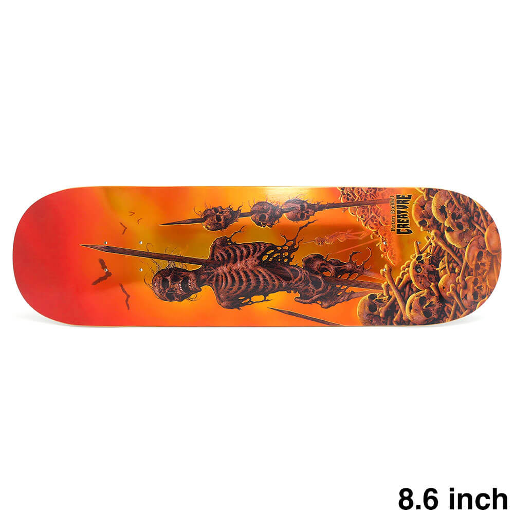 【CREATURE / DECK】 スケボー・スケートボードのデッキブランド、CREATURE（クリーチャー）。 長さ：81.7cm　/　幅：21.9cm ノーズ：18.6cm　/　テール：17.0cm ウィールベース：36.6cm コンケーブ：中　/　キック：強 ※ステインカラー（木目）の色合いはそれぞれ異なります。ご了承の上、ご注文下さい。 デッキをご購入の際、当店オリジナルのデッキテープがサービスとなります。 その他のデッキテープをご希望の方は、別途ご注文下さい。 *デッキテープを貼ってご注文の場合、返品/交換/キャンセルの対象外となります。 （コンプリートセットをご希望の方） スケートボードを完成させる為には【デッキ、トラック、ウィール】の3点が必要となります。 気軽にスケートボードを始めて頂く為に、足回りのセットをご用意しております。 こちらも是非ご覧になって下さい。 【トラック＆ウィールセット】はこちら *商品によって多少の誤差がある事をご了承下さい。 *当店舗に掲載の写真・文章の無断転載を禁じます。