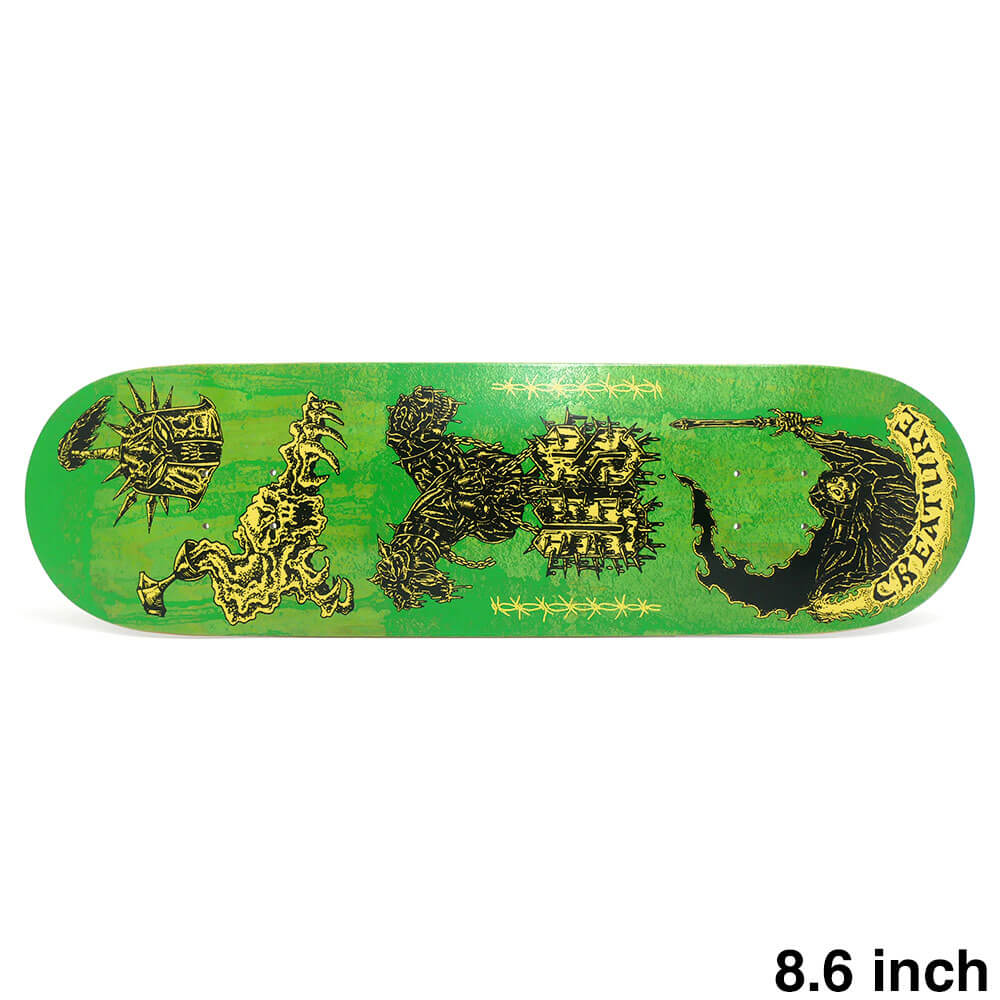【CREATURE / DECK】 スケボー・スケートボードのデッキブランド、CREATURE（クリーチャー）。 長さ：81.3cm　/　幅：21.9cm ノーズ：18.3cm　/　テール：17.7cm ウィールベース：35.7cm コンケーブ：中　/　キック：強 ※ステインカラー（木目）の色合いはそれぞれ異なります。ご了承の上、ご注文下さい。 デッキをご購入の際、当店オリジナルのデッキテープがサービスとなります。 その他のデッキテープをご希望の方は、別途ご注文下さい。 *デッキテープを貼ってご注文の場合、返品/交換/キャンセルの対象外となります。 （コンプリートセットをご希望の方） スケートボードを完成させる為には【デッキ、トラック、ウィール】の3点が必要となります。 気軽にスケートボードを始めて頂く為に、足回りのセットをご用意しております。 こちらも是非ご覧になって下さい。 【トラック＆ウィールセット】はこちら *商品によって多少の誤差がある事をご了承下さい。 *当店舗に掲載の写真・文章の無断転載を禁じます。
