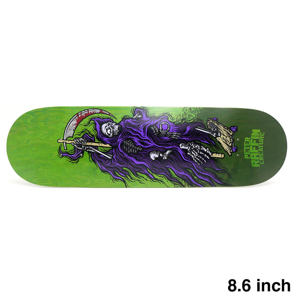 【CREATURE / DECK】 スケボー・スケートボードのデッキブランド、CREATURE（クリーチャー）。 長さ：81.3cm　/　幅：21.9cm ノーズ：18.4cm　/　テール：17.8cm ウィールベース：35.7cm コンケーブ：中　/　キック：強 ※ステインカラー（木目）の色合いはそれぞれ異なります。ご了承の上、ご注文下さい。 デッキをご購入の際、当店オリジナルのデッキテープがサービスとなります。 その他のデッキテープをご希望の方は、別途ご注文下さい。 *デッキテープを貼ってご注文の場合、返品/交換/キャンセルの対象外となります。 （コンプリートセットをご希望の方） スケートボードを完成させる為には【デッキ、トラック、ウィール】の3点が必要となります。 気軽にスケートボードを始めて頂く為に、足回りのセットをご用意しております。 こちらも是非ご覧になって下さい。 【トラック＆ウィールセット】はこちら *商品によって多少の誤差がある事をご了承下さい。 *当店舗に掲載の写真・文章の無断転載を禁じます。