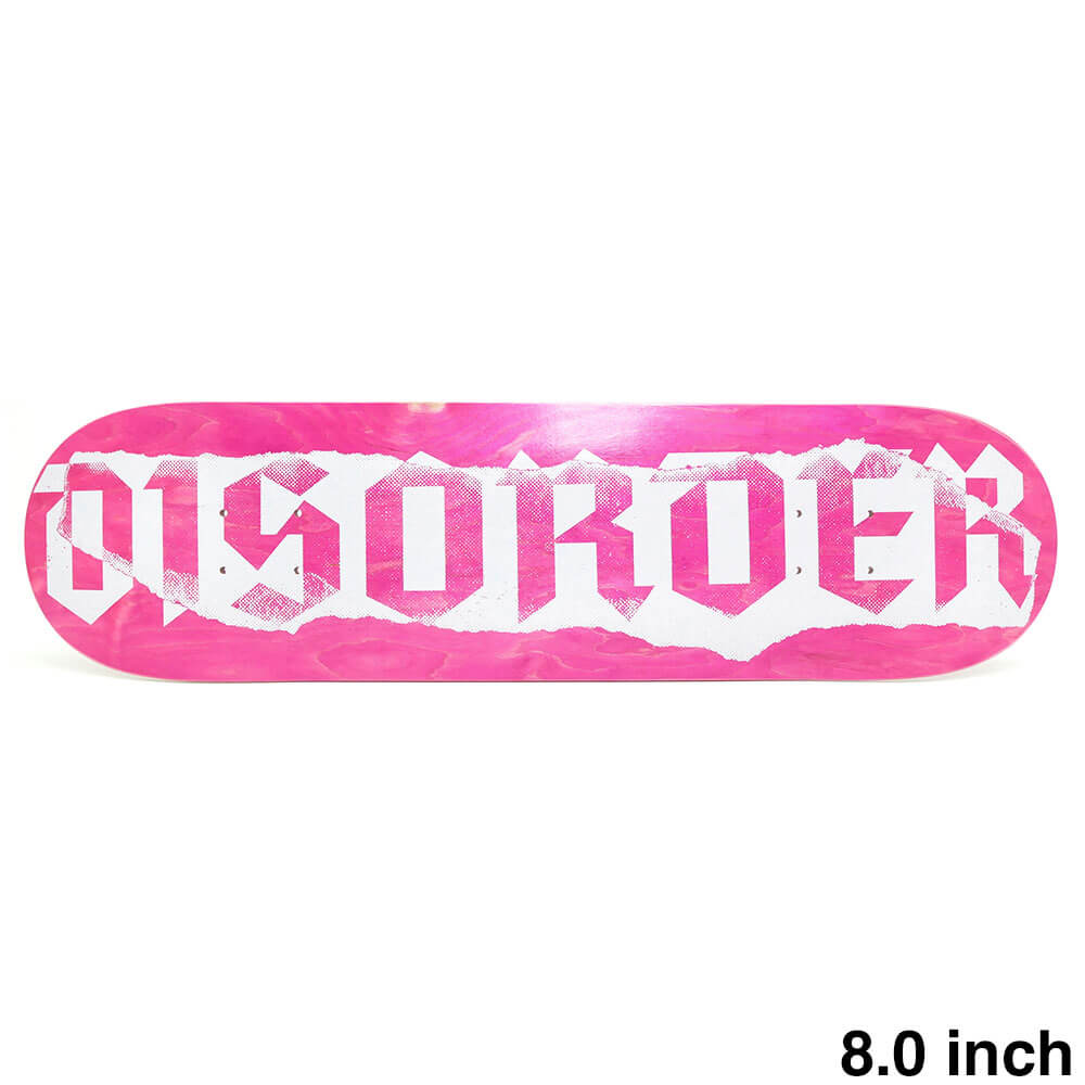 【DISORDER / DECK】 NYJAH HUSTON が手掛けるスケボー・スケートボードのデッキブランド、DISORDER（ディスオーダー）。 長さ：81.0cm　/　幅：20.4cm ノーズ：18.0cm　/　テール：17.2cm ウィールベース：35.5cm コンケーブ：中　/　キック：中 ※ステインカラー（木目）の色合いはそれぞれ異なります。ご了承の上、ご注文下さい。 デッキをご購入の際、当店オリジナルのデッキテープがサービスとなります。 その他のデッキテープをご希望の方は、別途ご注文下さい。 *デッキテープを貼ってご注文の場合、返品/交換/キャンセルの対象外となります。 （コンプリートセットをご希望の方） スケートボードを完成させる為には【デッキ、トラック、ウィール】の3点が必要となります。 気軽にスケートボードを始めて頂く為に、足回りのセットをご用意しております。 こちらも是非ご覧になって下さい。 【トラック＆ウィールセット】はこちら *商品によって多少の誤差がある事をご了承下さい。 *当店舗に掲載の写真・文章の無断転載を禁じます。