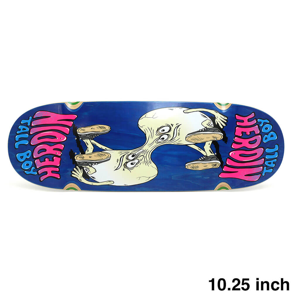 【HEROIN / DECK】 スケボー・スケートボードのデッキブランド、HEROIN（ヘロイン）。 長さ：84.3cm　/　幅：26.1cm ノーズ：17.4cm - 18.8cm　/　テール：18.3cm ウィールベース：37.6cm - 38.8cm コンケーブ：中　/　キック：中 トラック幅 ノーズ側：24.8cm - 25.0cm　/　テール側：24.9cm ※デッキテープを貼る面のカラー、WHEEL WELL 部分のステインカラーはアソート（ランダム）となり、お選び頂く事はできません。ステインカラー（木目）の色合いはそれぞれ異なります。ご了承の上、ご注文下さい。 デッキをご購入の際、当店オリジナルのデッキテープがサービスとなります。 こちらのデッキはサイズが長いため、別途デッキテープをご注文いただいてもサイズが足りませんのでご注意下さい。 *デッキテープを貼ってご注文の場合、返品/交換/キャンセルの対象外となります。 （コンプリートセットをご希望の方） スケートボードを完成させる為には【デッキ、トラック、ウィール】の3点が必要となります。 気軽にスケートボードを始めて頂く為に、足回りのセットをご用意しております。 こちらも是非ご覧になって下さい。 【トラック＆ウィールセット】はこちら *商品によって多少の誤差がある事をご了承下さい。 *当店舗に掲載の写真・文章の無断転載を禁じます。