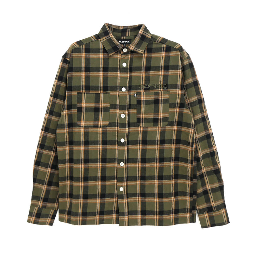 PASS~PORT LONG SLEEVE パスポート 長袖シャツ STEM LOGO WORKERS CHECK MOSS スケートボード スケボー