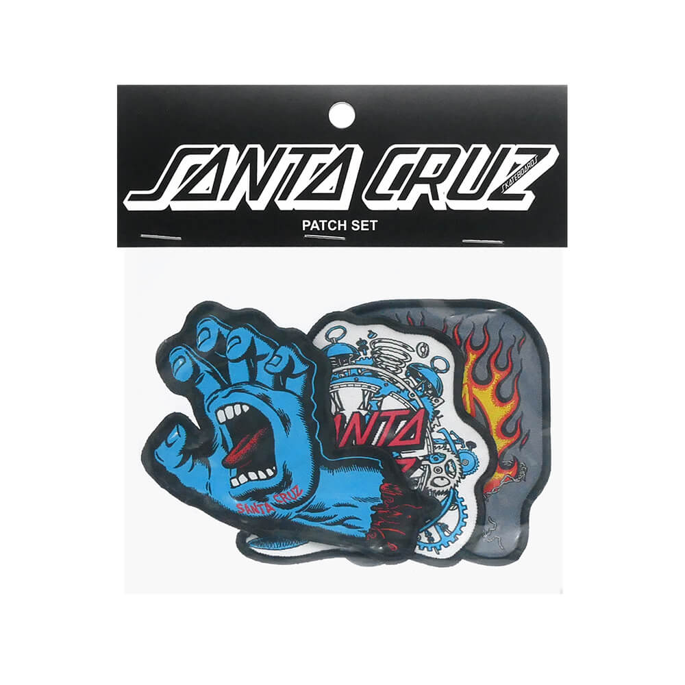 【SANTA CRUZ / PATCH】 スケボー・スケートボードの老舗デッキブランド、SANTA CRUZ（サンタクルーズ）。 SCREAMING HAND、GRABKE EXPLODING CLOCK、FORGING DOT デザインのワッペンセットです。 サイズ：約3～4inch（約7.6～10.1cm） *商品によって多少の誤差がある事をご了承下さい。 *当店舗に掲載の写真・文章の無断転載を禁じます。