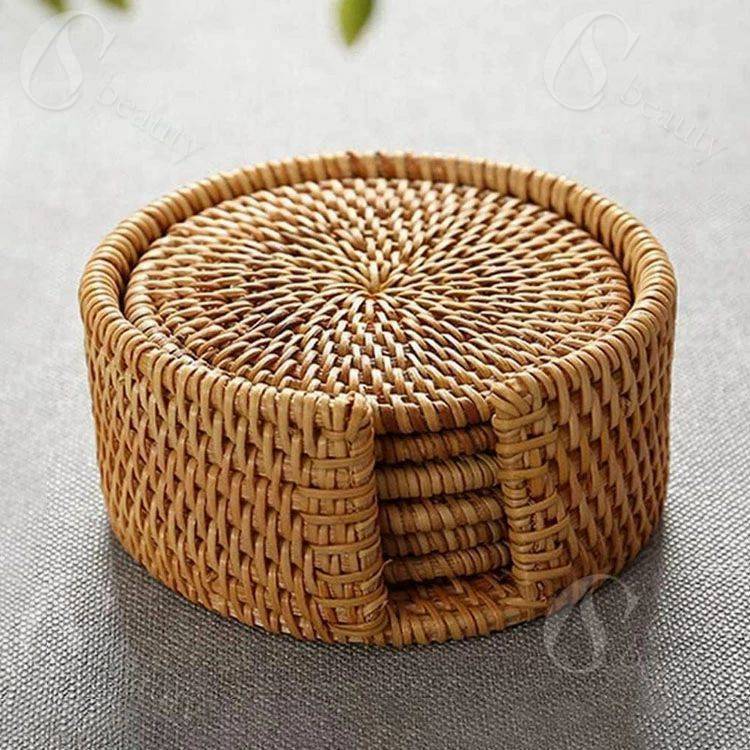 コースター アタ コースター 藤編みコースター 丸型 茶托 防水 収納ケース付き 滑り止め 茶パッド 断熱..