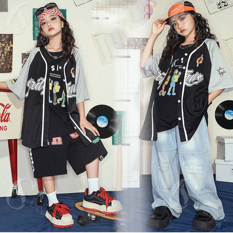 キッズダンス衣装 ジャズ ダンス ベースボールシャツ ゲームシャツ かっこいい 野球 ステージ衣装 ストリートダンス 子供服 ヒップホップ ジャズ 半袖 トップス ユニセックス ガールズ シャツ 発表会 演出服