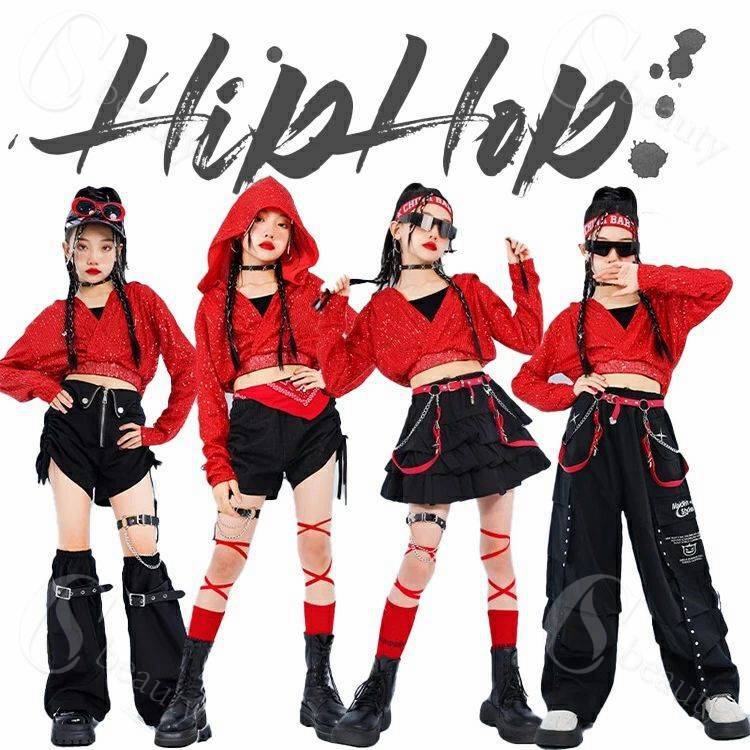 赤 ダンス キッズ 女の子 スパンコール へそ出し ダンス衣装 ガールズ カーゴパンツ スカート 長ズボン ダンスウェア 発表会 応援団 イベント ジュニア カッコイイ 普段着 jazz K-POP オシャレ DANCE 110~170