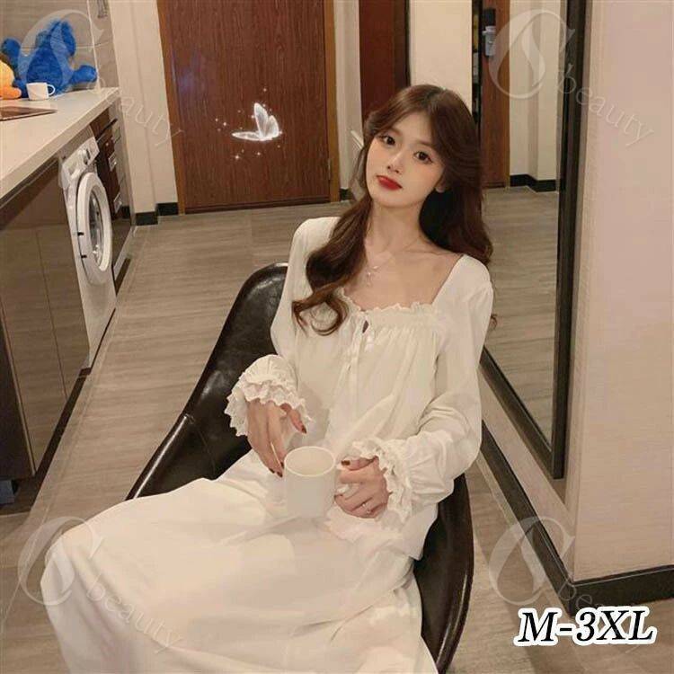 ネグリジェ ワンピース パジャマ ルームウェア レディース 女性 フリル フレア ロング丈 長袖 レース ..