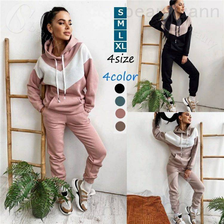 セットアップ レディース 秋冬 ジャージスウェット 2点セット 上下セット パーカー 長袖 フード付き ロ..