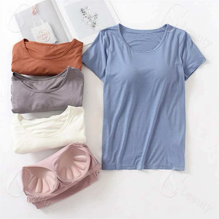 Rakuten - 無地Tシャツ カップ付き レディース 半袖 インナー シャツ カットソー ブラトップ 半袖 ストレッチ性 肌触り抜群