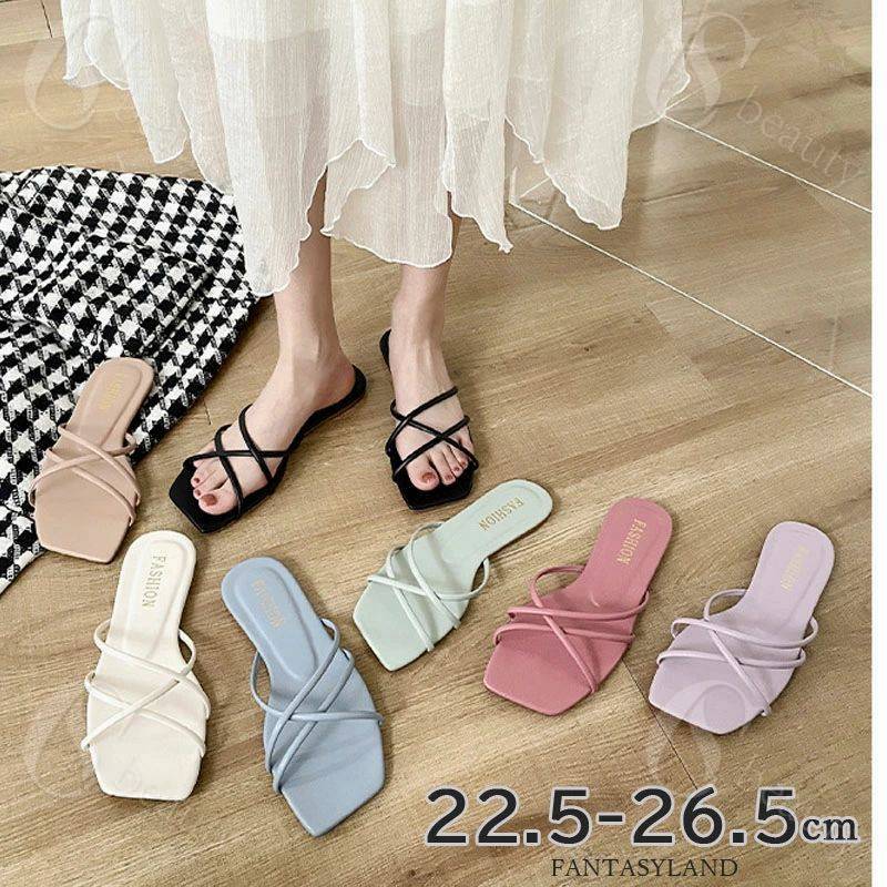 履きやすい サンダル レディース ミュール ローヒール ぺたんこ フラットヒール 靴 ビーチサンダル フラットシューズ つっかけ ブラック 黒 白 痛くない 歩きやすい 滑り止め ナローストラップ スクエアトゥ ストラップ