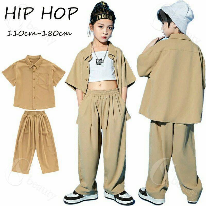 ベージュ キッズ ダンス衣装 セットアップ 男の子 女の子 シャツジャケット カーゴパンツ カジュアルパンツ カ