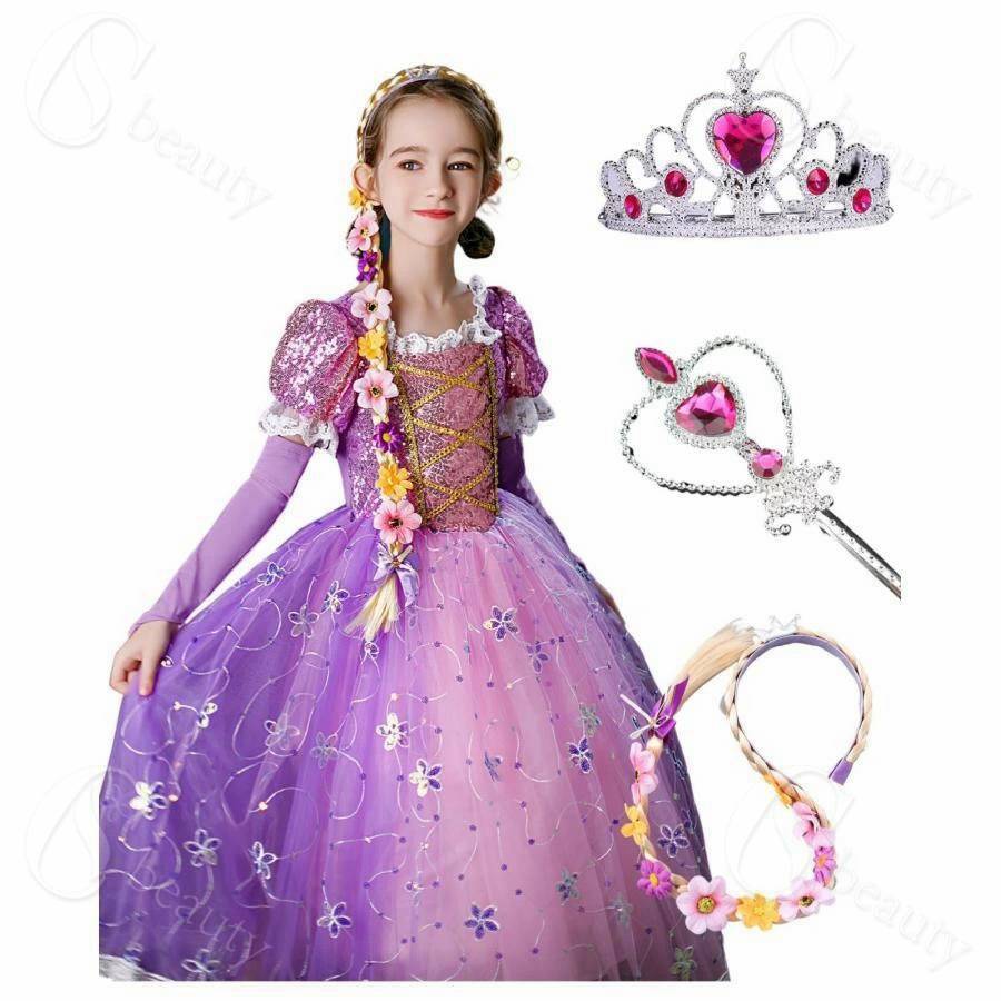 キッズ服 コスプレ ラプンツェル ドレス 4点セット 塔上 ドレス ティアラ ステッキ...