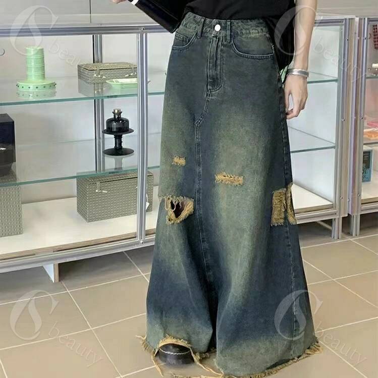 レディース ロングスカート 秋 デニムスカート ダメージ加工 デニムロングスカート ロングデニムスカート カジュアルスカート ゆったり 通勤 マキシ丈 大人可愛い 大人かわいい オシャレ お洒落 カジュアル ボトムス SLKB062(S-5XL)