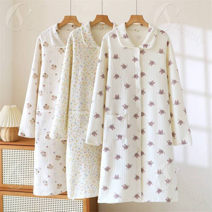 ネグリジェ ルームウエア ワンピース 綿 レディース 新作 長袖 いぬ ウサギ 折り襟 厚手 コットンワン..