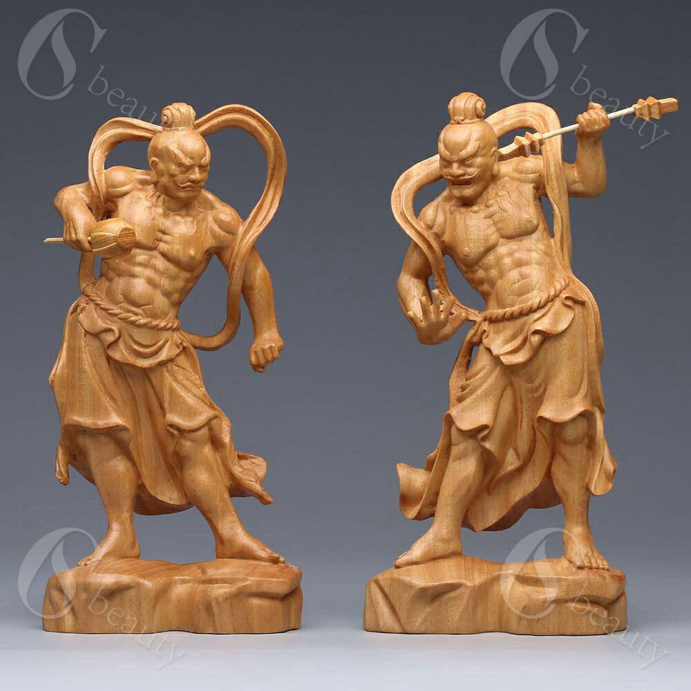 仁王像 置物 金剛力士 木彫り 桧木（ヒノキ）仏像コレクション 阿形吽形2種セット(Size:高さ20cm)