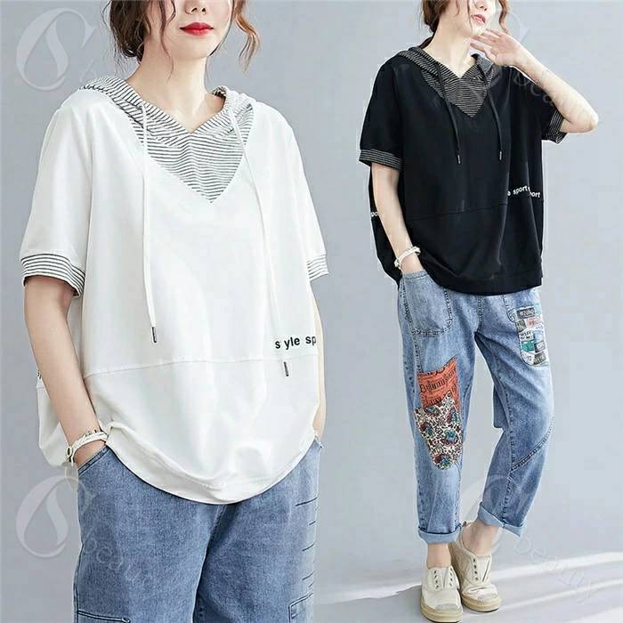 樂天商城 - パーカー Tシャツ レディース スウェットフードパーカー トップス 半袖パーカー 切り替え バイカラー フーディ プルオーバー ストライプ 配色 トレーナー おしゃれ 上品 夏新作 送料無料