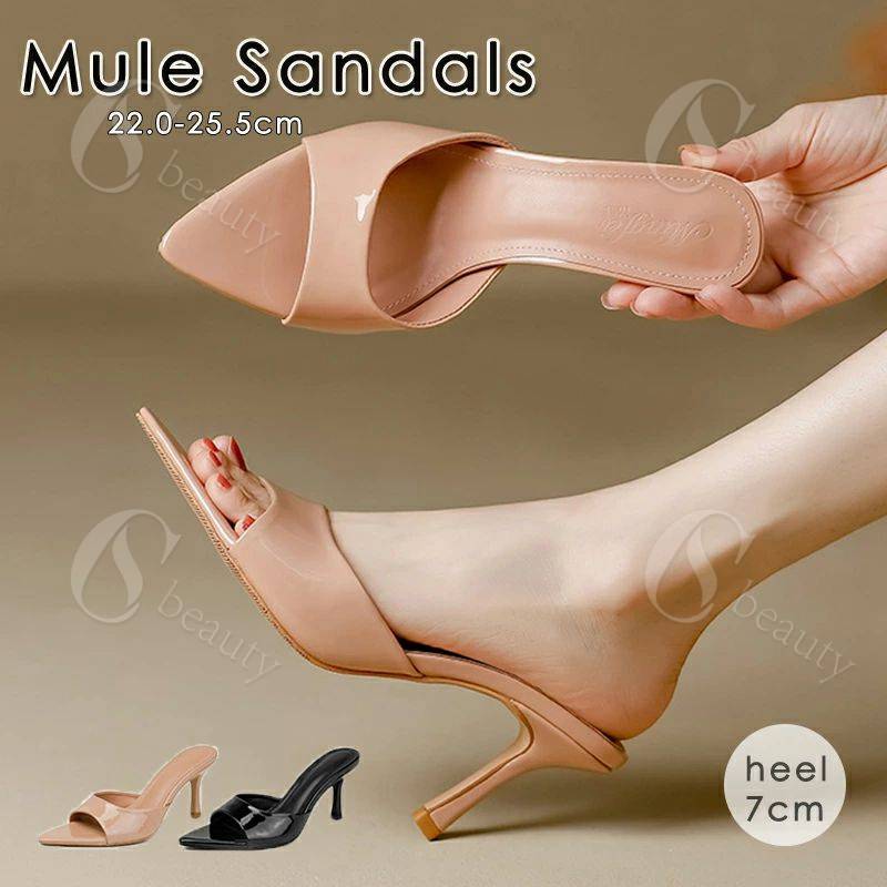 サンダル レディース ミュール 7cmヒール ハイヒール 歩きやすい 痛くない 脱げない 美脚 疲れにくい 履き心地 レディース靴 エナメル 22.0～25.5cm 黒 ベージュ