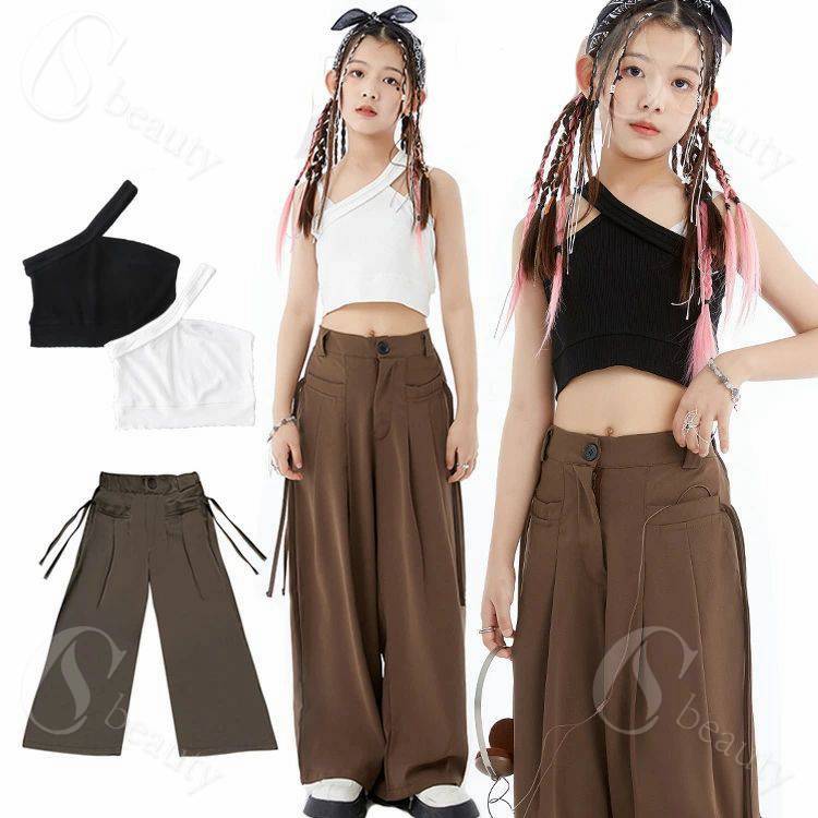 k-pop 衣装 ベスト 黒 セットアップ キッズ へそ出し トップス ダンス衣装 パンツ ヒップホップ ワイドパンツ ブラウン 韓国 長ズボン 袖なし 女の子 HIPHOP ジュニア 練習着 キッズ ダンス衣装 トップス 黒 kpop ステージ衣装 ジュニア 応援団 イベント 演出服 110 160cm