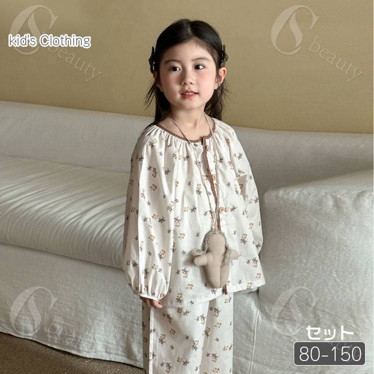 乐天商城 - 綿100％ キッズパジャマ 子供服 上下セット 春秋 シャツ 長ズボン 白系 植物柄 総柄 前開き 長袖 トップス 襟付き キッズセットアップ 80 90 100 110 120 130 140 150 子供 部屋着 ルームウェア 快適 通気性 吸汗性 耐久性 女の子 韓国子供服 可愛い ゆったり ガーリー