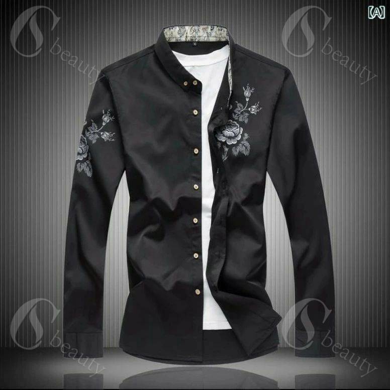 Long-Sleeved - メンズ トップス シャツ カジュアル 春 プリント シャツ 大きめ サイズ 花柄 長袖 シャツ ホワイト