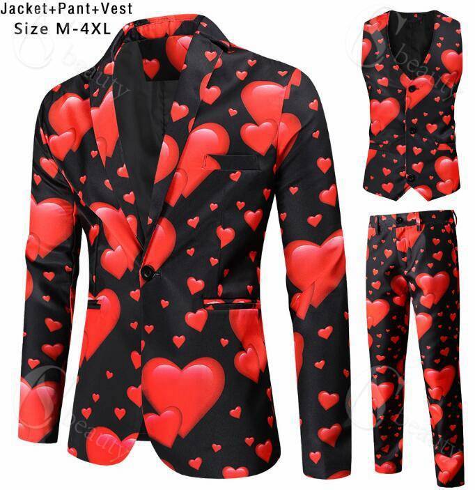 ダンスカジュアルスーツ メンズスーツセット 演出服　男性用スーツセットアップ バレンタインデー元素ハート柄 ベスト スーツコート ベストパンツ　組み合わせ可能　舞台演出服 コスチューム コスプレ タキシード コート カラオケ 魔術師 忘年会 演出服　M L XL 2XL 3XL 4XL