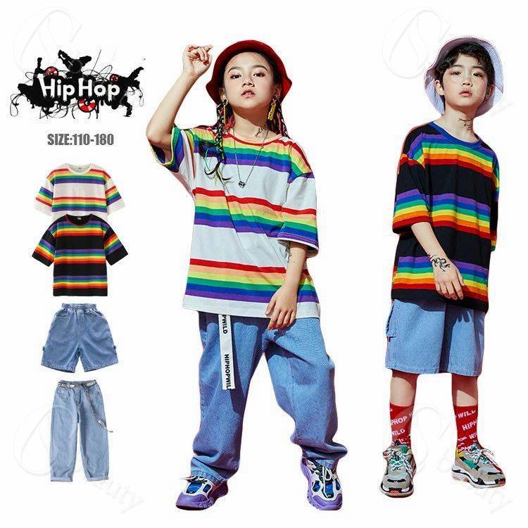 Rakuten - 虹色シャツ 半袖 キッズ ダンス衣装 ヒップホップ ボーダー柄シャツ デニムパンツ 子供服HIPHOP ストリート ボーダー ジャズ ダンス 衣装 ユニセックス 舞台 110-180