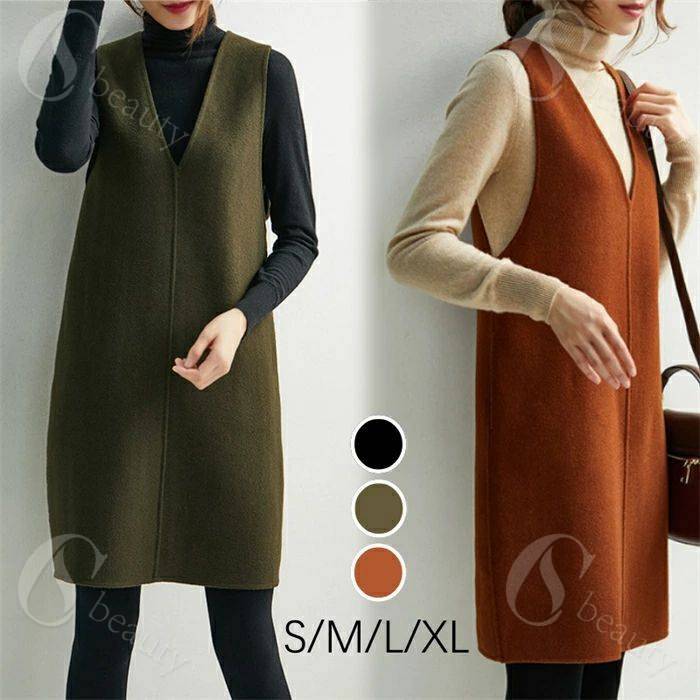 ジャンパースカート ツイード ワンピース ノースリーブ レディース Vネック ジャンスカ 膝丈 大人 サロペットスカート 春 秋 冬 上品 大きいサイズ 通勤 ゆったり 体型カバー レイヤード 重ね着 黒 カーキグリーン サロペット スカート 送料無料 20代 30代 40代 50代