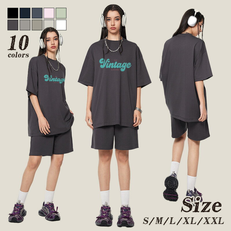 Print - セットアップ 男女兼用 パンツセット 半袖上下セット ショットパンツ オリジナル かわいい 個性 英文字 プリント 薄手 体型カバー 着・せ カジュアル シンプル 可愛い ゆったり 大きいサイズ 春夏 通勤 OL オフィス 大人 着回し 夏 トップス パンツ 20代 30代 40代