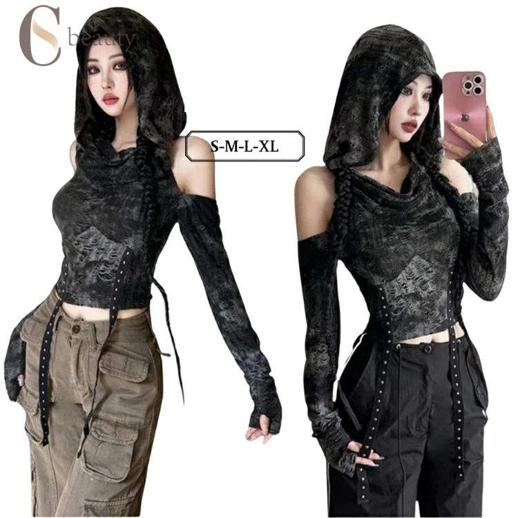 ダンス衣装 トップス レディース 黒 y2k k-pop フート付きトップス ダメージ風 タイダイ柄 ジャズダン..