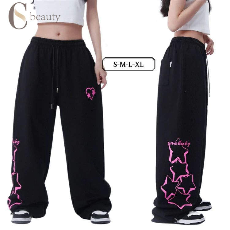 ヒップホップ ダンス衣装 レディース 黒 パンツ スウェットパンツ ピンク星 ハート プリント ズボン kp..