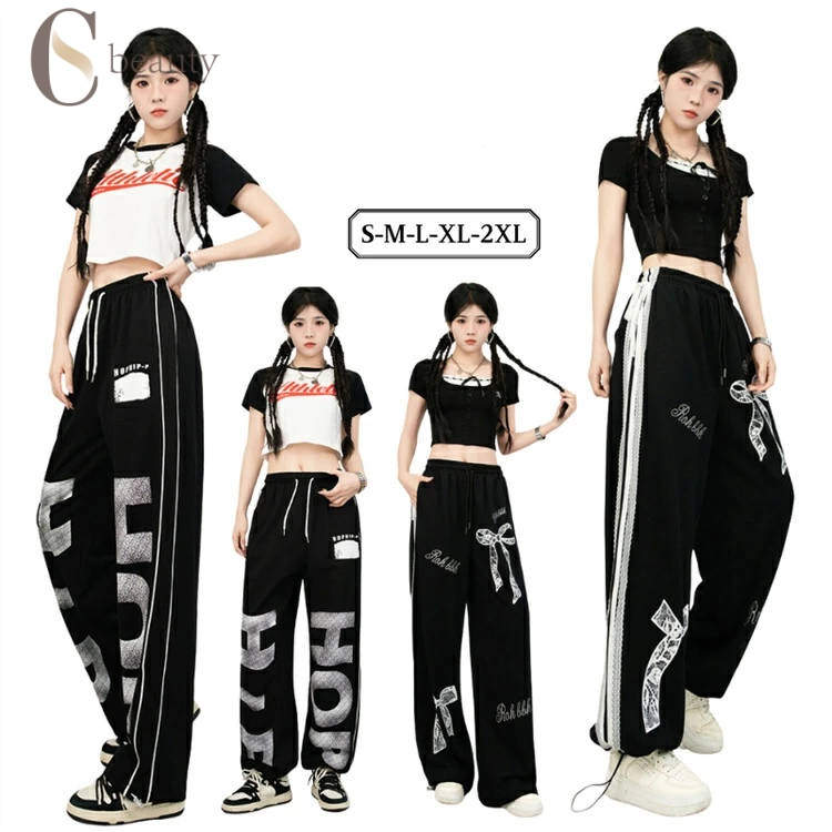 レディース ジャズ ヒップホップ ダンス衣装 韓国 へそ出しTシャツ スウェットパンツ 演出服 トップス ..