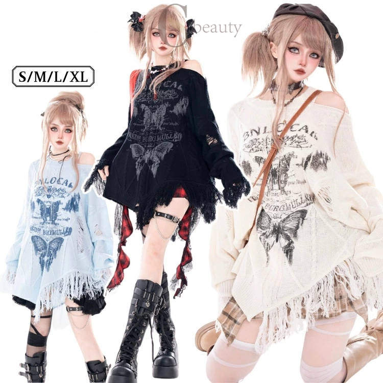 サブカル系 単品 ファッション レディースダンス衣装 ダンス衣装 パンク レディース 原宿風 肩出し ヒップホップ ハロウィン かっこいい セクシー 日常 ジャズ パーティー 大人 バンド風 Y2K ゴスロリ レース ギャル ステージ衣装 コスプレ トップス 蝶柄 青 黒 米色