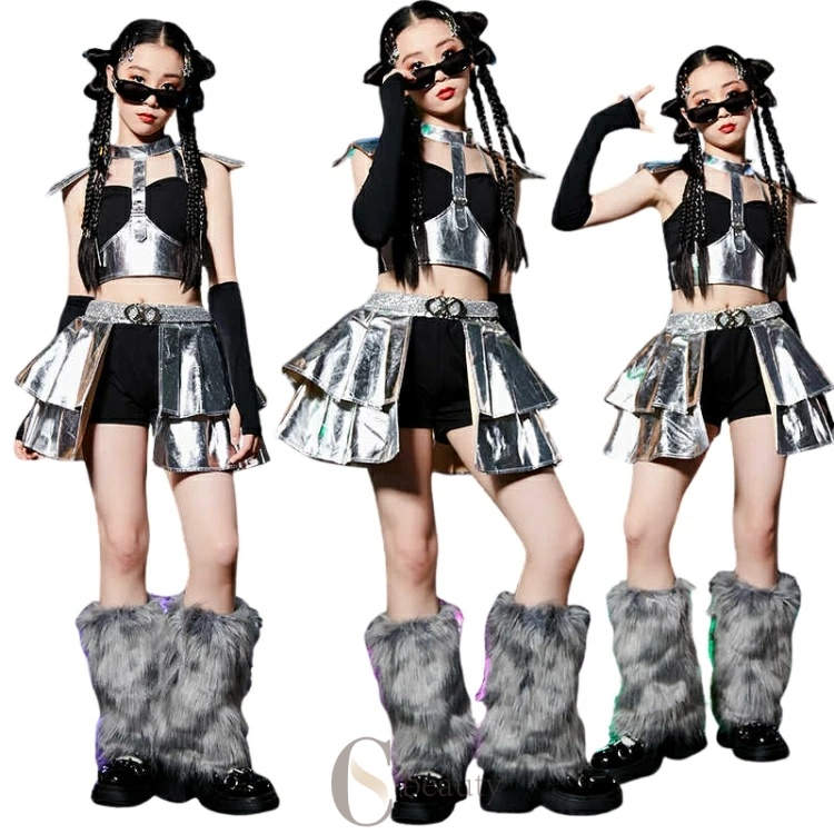 シルバー キッズ ダンス 衣装 レッグウォーマー スパンコール 黒 ファッション 女の子 子供服 へそ出し服 セットアップ 韓国 K-POP チアダンス JAZ...