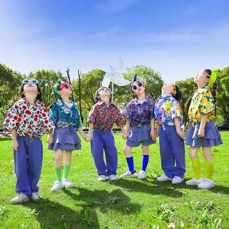 Rakuten - 柄シャツ 子供服 ヒップホップ ダンス衣装 キッズ 男の子 女の子 デニム パンツ スカート jazz チア 単品orセット 応援団 舞台服 演出服 キッズダンス衣装 ステージ衣装 パンツ ジーンズ 半袖 おしゃれ