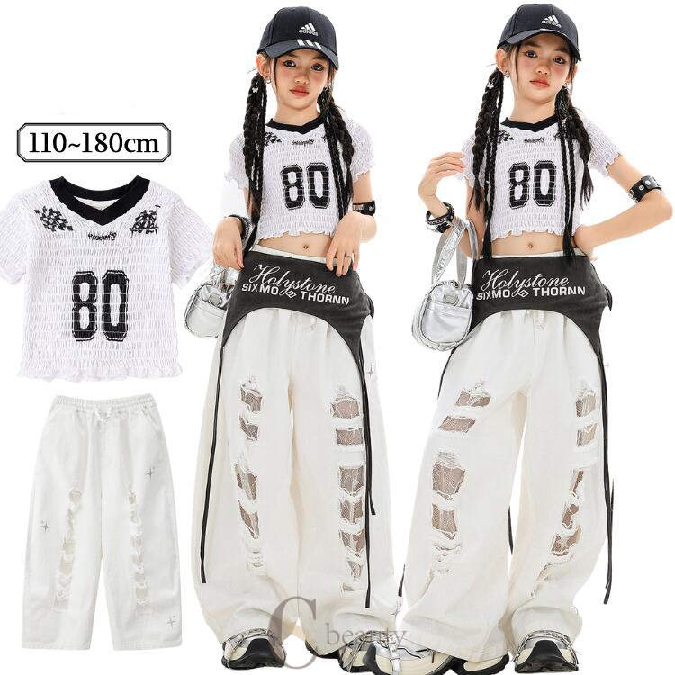 ダメージ 白 キッズ ダンス衣装 セットアップ k-pop 女の子 おしゃれ 半袖 へそ出し tシャツ ダメージ..