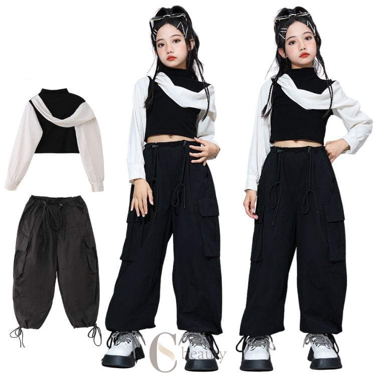 キッズダンス衣装 セットアップ 女の子 黒 白 へそを出す トップス ワイドパンツ カーゴパンツ おしゃ..