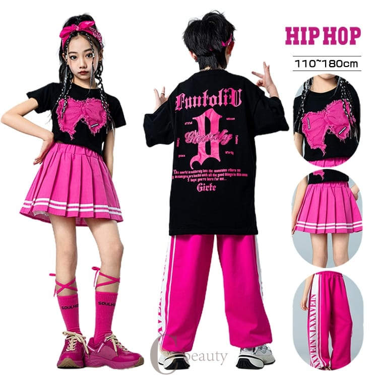 プリーツスカート ピンク キッズ ダンス衣装 セットアップ 子供服 へそ出し 黒 tシャツ 蝶のプリント ..