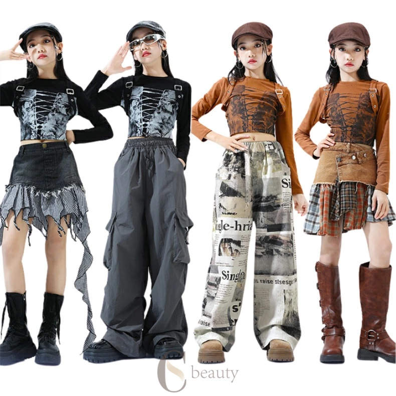 ブラウン 黒 デニム キッズダンス衣装 女の子 ジャズ チア セットアップ キッズ ダンス衣装 子供服 ヒ..