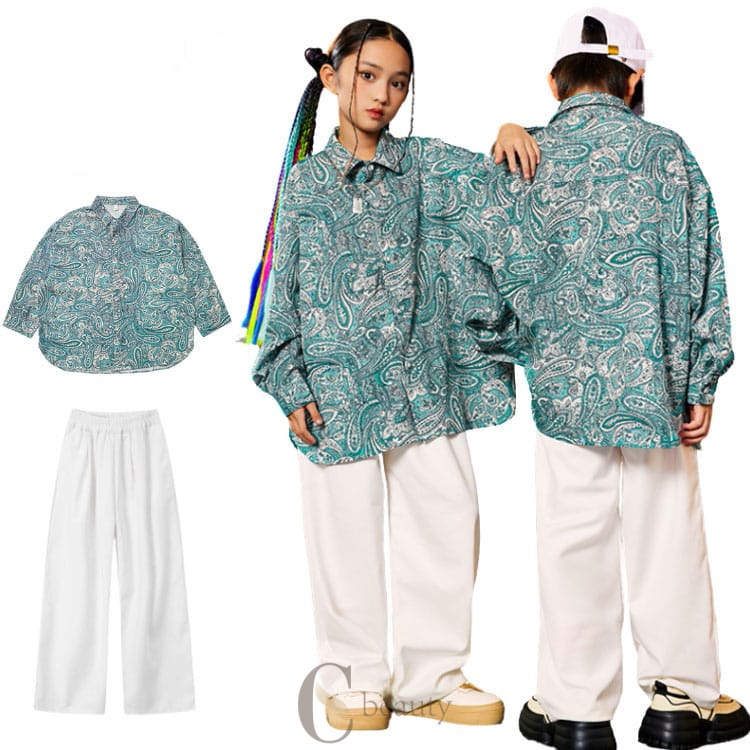 ペイズリー柄 柄シャツ 緑 パンツ 白 キッズ ダンス 衣装 ゆるシャツ パンツ ロング丈 キッズダンス衣..