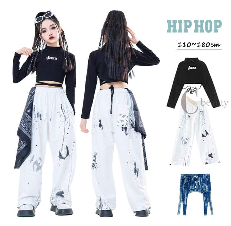 タイダイ染 デニム ウェストスカーフ キッズダンス衣装 セットアップ 子供服 女の子 へそ出し 黒 長袖 ..
