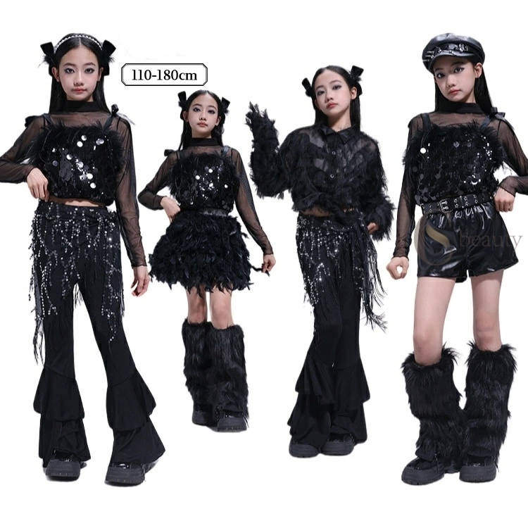 黒 キッズ ダンス衣装 セットアップ スパンコール 韓国 ヘソ出し K-POP 女の子 ヒップホップ 長袖 レッ..