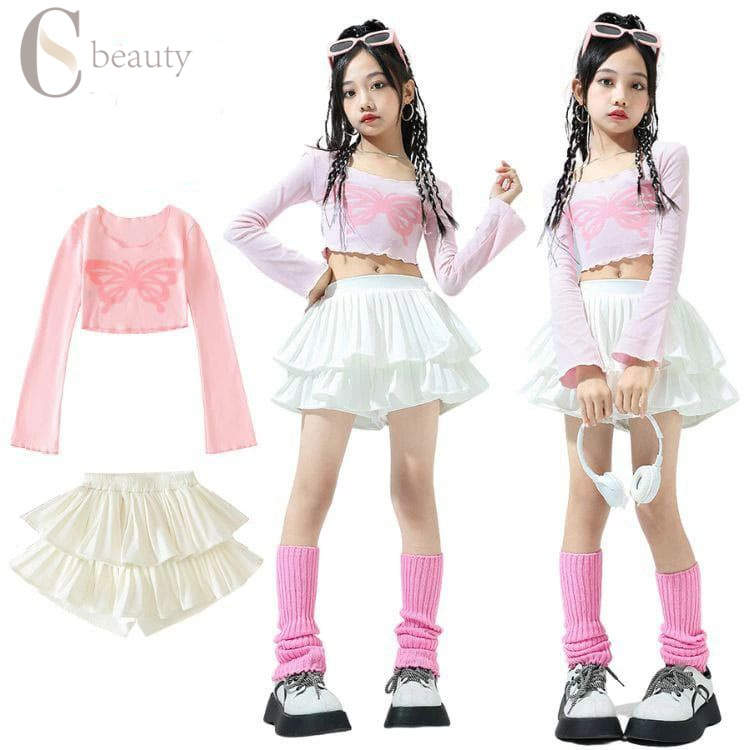 キッズ ダンス衣装 長袖 トップス スカート へそ出し 蝶 蝶々 ピンク ホワイト かっこいい ヒップホッ..