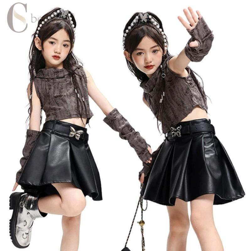 キッズ ヘソ出し チア ダンス衣装 セットアップ 女の子 黒 レザースカート フード付 コーヒー色トップ..