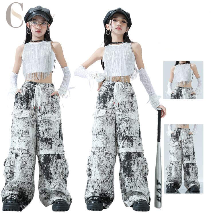ダンス衣装 キッズ セットアップ 黒 トップス フリンジ 袖カバー付き へそ出し 落書き パンツ ロングパ..