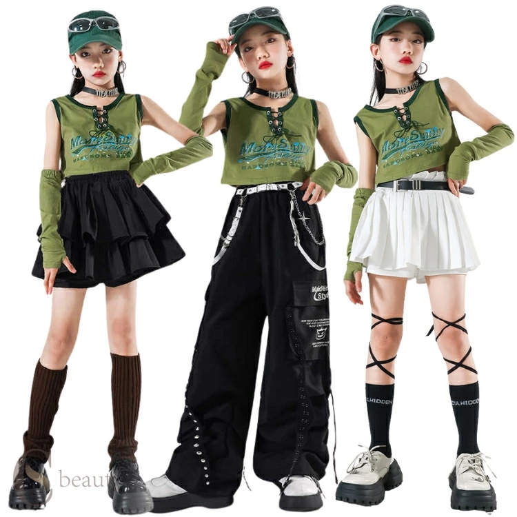 ステージ衣装 グリーン ホワイト 黒 ショーツ パンツ スカート ダンス衣装 キッズダンス 女の子 ジャズ..