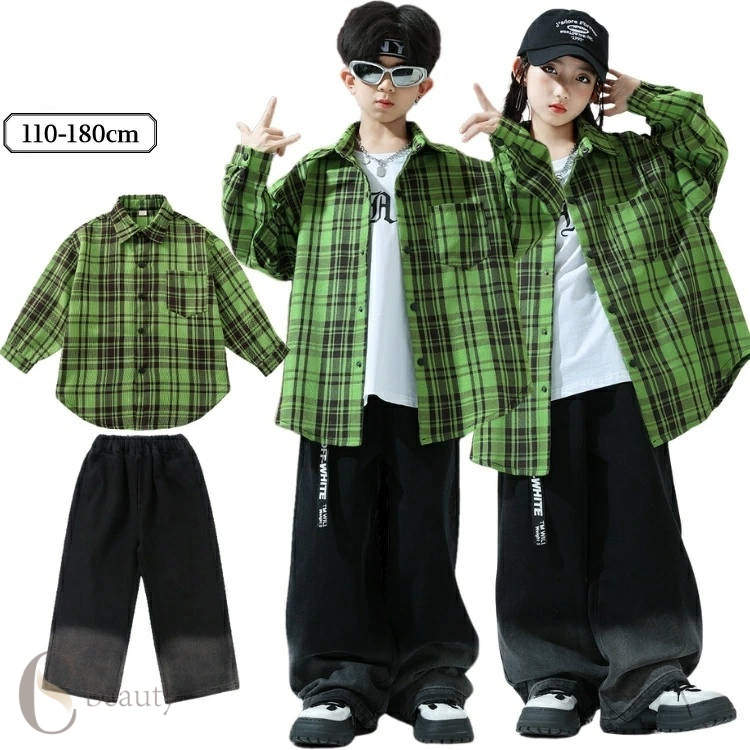 チェック柄 緑 デニム キッズダンス衣装 白 黒 セットアップ リブ 子供 ダンス衣装 かっこいい グラデ..