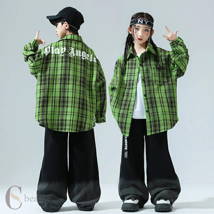 チェック柄 緑 デニム キッズダンス衣装 白 黒 セットアップ リブ 子供 ダンス衣装 かっこいい グラデーション 子供服 キッズダンス衣装 グリーン ストリート 男の子 長袖 シャツ 女の子 練習着 カーゴパンツ Tシャツ HIPHOP ダンス衣装 トップス 白