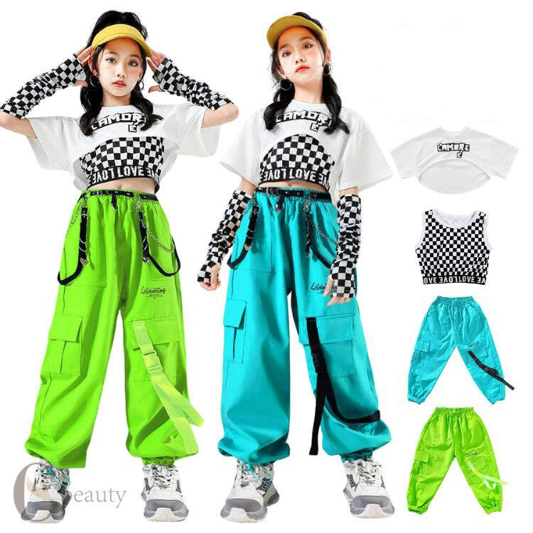 チェック柄 子供服 キッズダンス 衣装 女の子 ダンス発表会 ストリート 韓国 子供服 Tシャツ ズボン ダ..